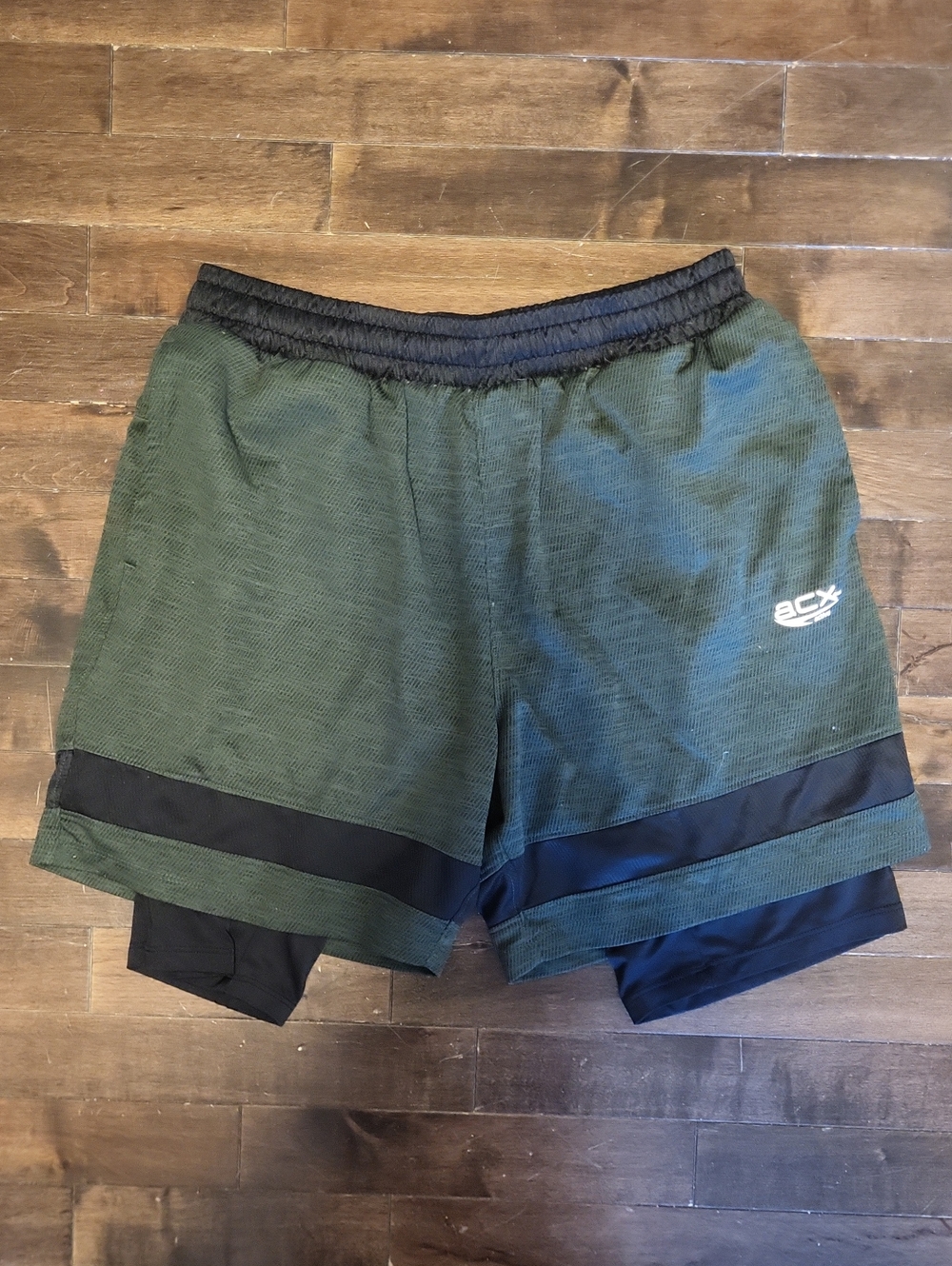 BCX Men's Olive Green Athletic Shorts with Black Layered Trim